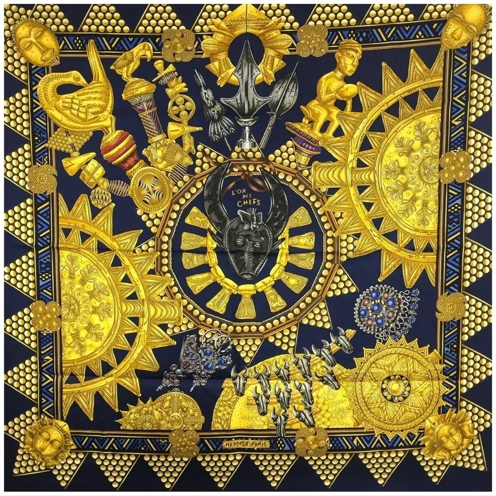 Hermès Scarf “L'or des Chefs” Navy & Gold 100% Silk Scarf ~ RARE! ~ Includes Box